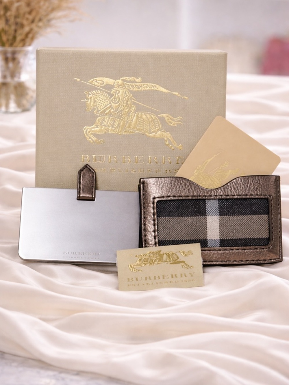 Burberry Metallic Bronze Card & Key Holder Set with House Check